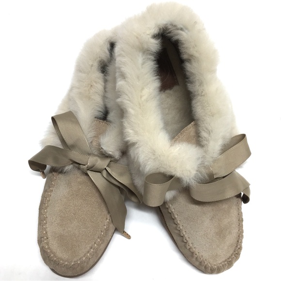Tory Burch Aberdeen Split Suede Genuine Rabbit Fur Trim Slipper Natural/Camel 7 - Picture 15 of 17